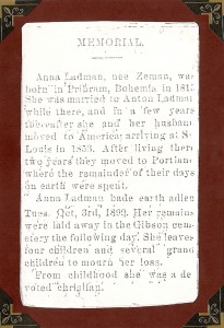 Anna (Zeman) Ladman Obituary. Courtesy of Frederick W. Johnson.